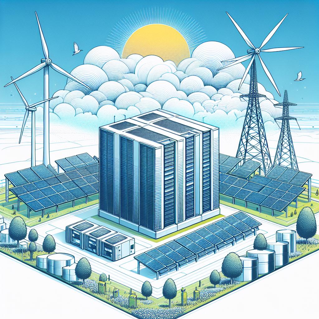 Create a two-dimensional illustrator-style image, with a corporate feel and a white and texturless background. Central to the image is a modern data center, symbolizing the increasing energy demand driven by AI. In the background, powerfully standing, are solar energy towers and wind turbines, showing sources of renewable energy and the potential of solar energy in providing electricity. Above everything, a clear, optimistically blue sky that talks about a bright future for clean energy technologies. The overall image is colored in vibrant tones, underlining the innovation and efficiency brought about by these new technologies.