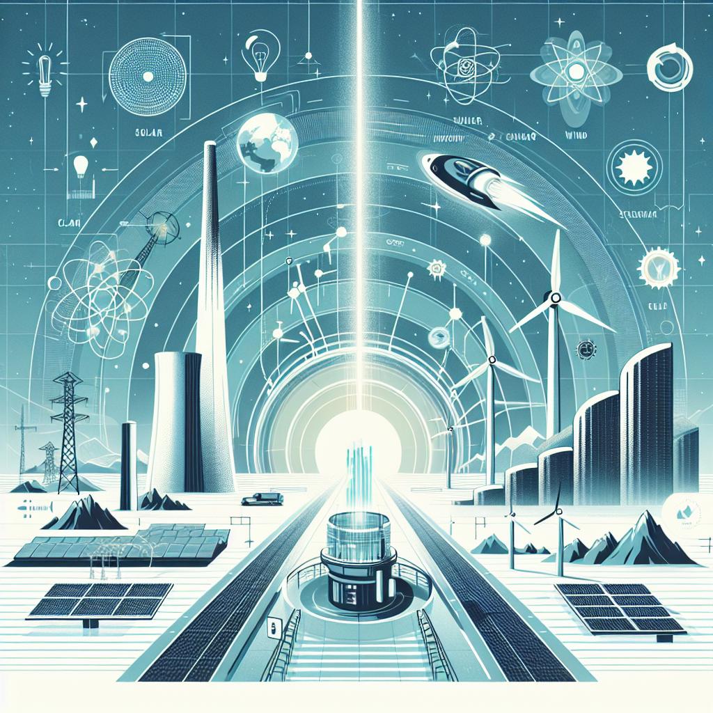 Envision an illustration from 2024 capturing the innovations in energy such as power beaming, nuclear fusion, and geothermal drilling. The background of this image should blend various clean energy sources, including solar panels, wind turbines, and a stellarator within a futuristic environment. The color scheme should be predominantly green and blue, symbolizing sustainability and technology. The image style should be flat and corporate, with a plain white, textureless background. This 2D image, viewed from a linear perspective, should also contain additional elements like solar and wind energy icons demonstrating clean energy sources. There should also be a renewable energy growth chart indicating progress and innovation, and a clear, beaming sky suggesting a promising future.
