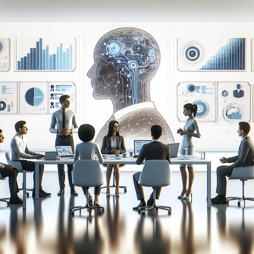 Imagine a corporate 2D vector styled image. A team of individuals from diverse descents such as Caucasian, Hispanic, Middle-Eastern, and South Asian are represented equally. The gender is equally distributed among the team members. They are in a modern office setting brought to life with a clean, white, untextured backdrop. The team is deeply engaged in a discussion about artificial intelligence. Graphs demonstrating increasing efficiency with the use of AI and screens showing real-time data symbolizing effective information analysis and usage are prominently displayed, encapsulating an environment amenable to collaboration and innovation.