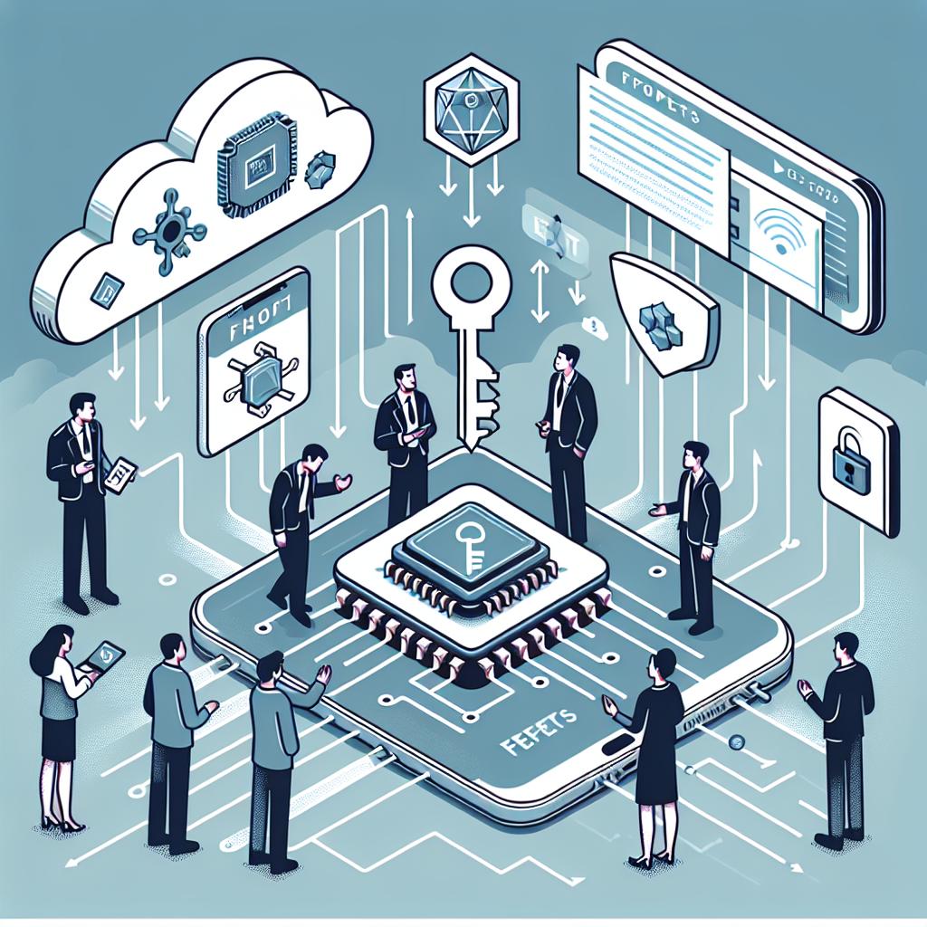 Create a detailed, flat, corporate styled vector image in 2D linear perspective, showing a group of Asian descent engineers from a non-specific university presenting a new device with FeFETs (Ferroelectric Field Effect Transistors) arrays. Illustrate this technology as a facilitator for homomorphic encryption in IoT devices. Show a smartphone transmitting encrypted data to a cloud server, making it nearly impossible for hackers to infiltrate during data processing. Use the cloud as a symbol for data storage and processing, and the smartphone as a representation of connected mobile devices. Have a key symbolising security through encryption, and arrows indicating data transmission. Use a plain white, non-textured background, and cold colours to convey a feeling of security and trust.
