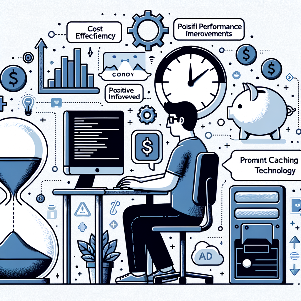 An illustration in a corporate, flat, vectorial style showing a 2D linear perspective of a white, untextured background. In the foreground, there's a developer of unspecified gender and descent, engaged with their computer. They are surrounded by symbols denoting cost efficiency and time-saving aspects - perhaps an hourglass and a piggy bank. The Anthropic company's logo, a graphic indicating positive performance improvements, and an AI programming interface (without specific brand references) implying the practical application of the prompt caching technology, unfurl behind the developer.