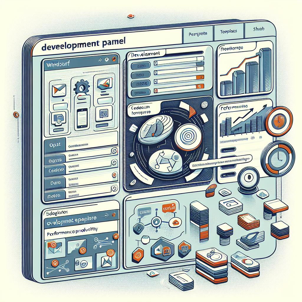 A flat, corporate vectorial style illustration showcasing a development panel for the 2025 updates of Windsurf and Codeium for Enterprise. The panel should visibly display the new templates and web search functionality. The image is set upon a texture-less white background and is in a 2D, linear perspective. Additional elements to be included are as follows: User Interface elements, to depict the usage experience of the platforms; icons representing the new features, to highlight their functions; and performance graphs, to represent improvement in productivity.