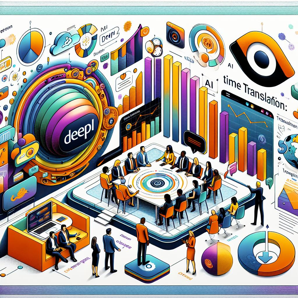 Create a 2D, linear perspective image that includes vibrant colors, exhibiting a corporate and flat vectored style on a white, textureless background. The image showcases the DeepL logo, representing the innovation in the sector. It also includes illustrations of individuals of varying descents in conversation, symbolizing the facilitated communication. It features real-time translation functionality during a virtual meeting, using the AI translation tool, DeepL Voice. Additionally, the illustration integrates images of growth charts, highlighting the effectiveness of the new tools. This image is to represent the innovations announced by DeepL on November 13, 2024, including the launch of DeepL Voice, the addition of traditional Chinese to its language portfolio, and being included in the Forbes Cloud 100 list for the second consecutive year.