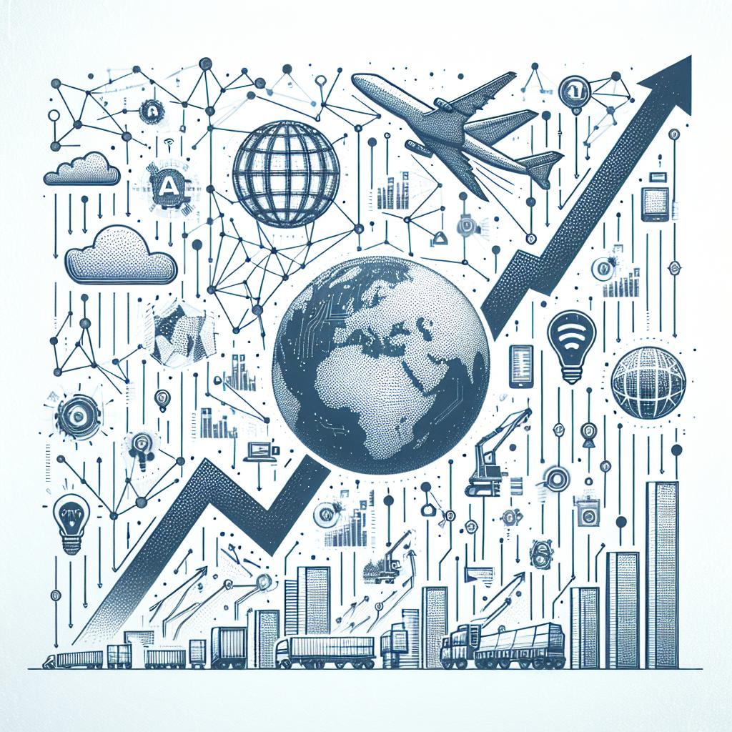 Create a 2D, linear perspective, vector-style corporate illustration on a white, untextured background. The illustration symbolizes the connection and growth potential brought about by artificial intelligence in global trade. Include a graphic representation of the potential commerce growth trajectory infused with AI, technology icons to symbolize industrial evolution, a depiction of earth to show AI's global application, and arrows indicating progress and growth.