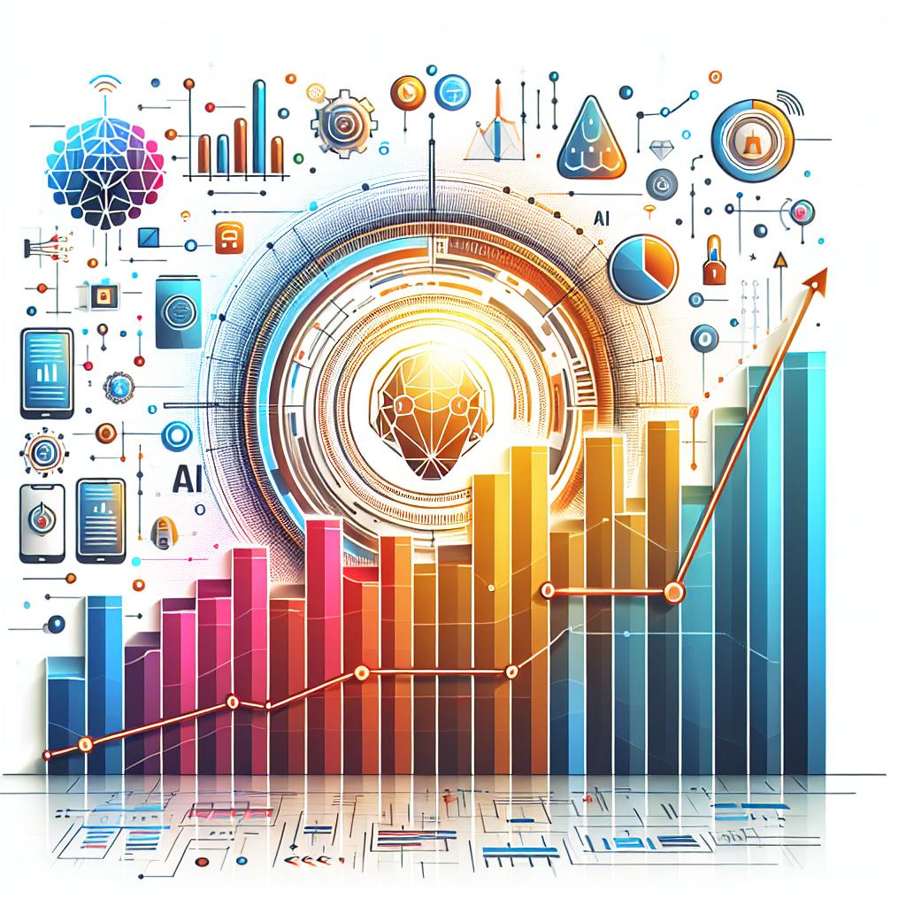 Design a flat, corporate, and vector styled illustration set against a clean, white, and textureless backdrop. The image should represent the burgeoning field of Artificial Intelligence (AI). It should be in 2D, and linear perspective featuring several elements. There should be ascending bar graphs and charts in vibrant colors, signifying the growth of AI startups. Technology icons should also be present, expressing the constant innovation in the AI sector. This combination of tech symbols and leading graphs should signify a sense of optimism and innovation looming within the industry.