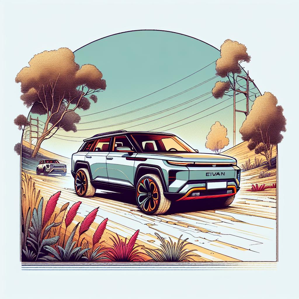 An image in a 2D, flat and corporate style, reminiscent of illustrations from the early 1900s. The scene is drawn from a linear perspective on a white and texture-less background. It showcases the Rivian R1S, an SUV, in an off-road setting, allowing the car's abilities and technological innovations to shine through. Vibrant colors are used to signify modernity and innovation, and the natural setting emphasizes the adventurous spirit of the brand. This is all to portray a significant investment story in the electric vehicle market.