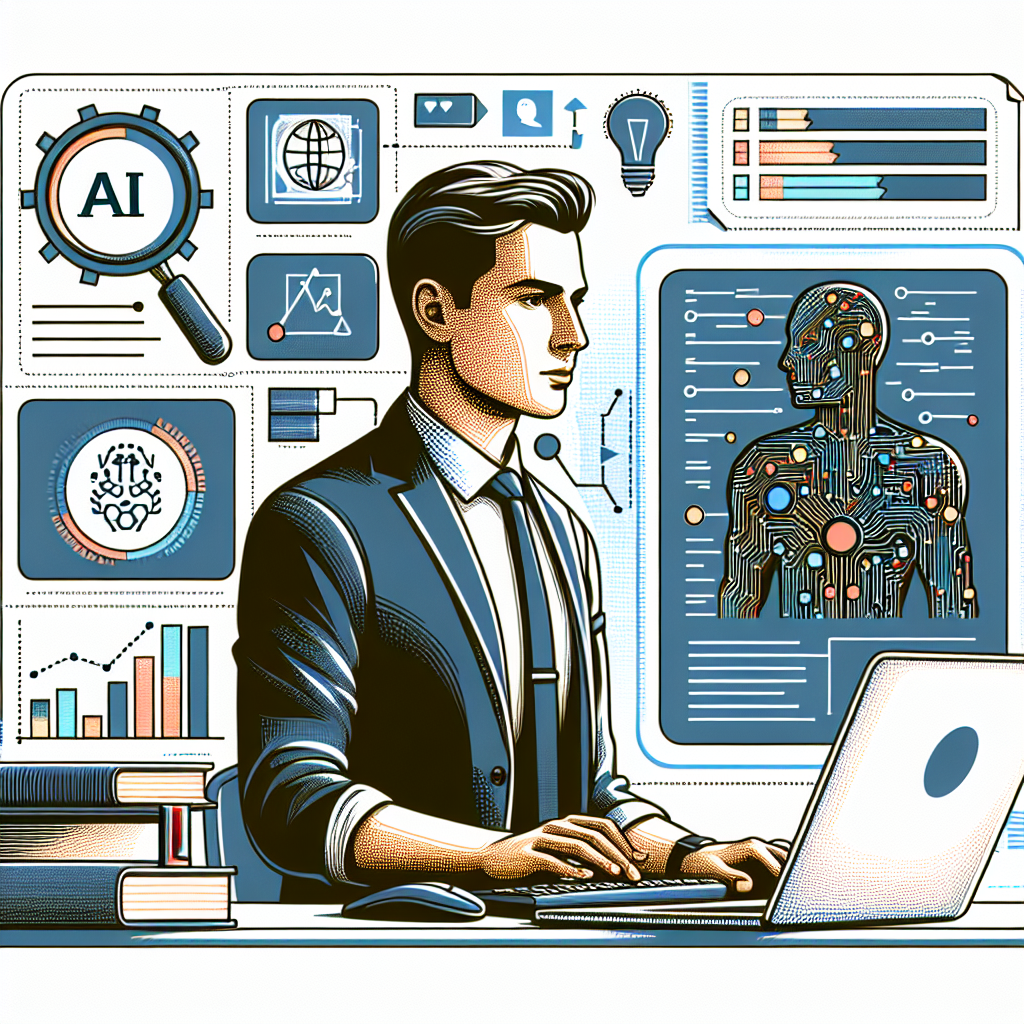 Create a 2D, flat style, digital illustration with a white background. The setting is a modern office with a Caucasian male technology professional. This individual is seen interacting with data charts on a computer screen, reflecting the analysis and use of AI. Details of electronic circuits symbolize AI technology. This tech professional is surrounded by books and training materials, representing continuous education. In addition, there is a generic technology company logo for brand identification, instead of the Databricks logo, due to copyright constraints. All these elements come together to symbolize the corporate environment and the advancement of generative AI technology.