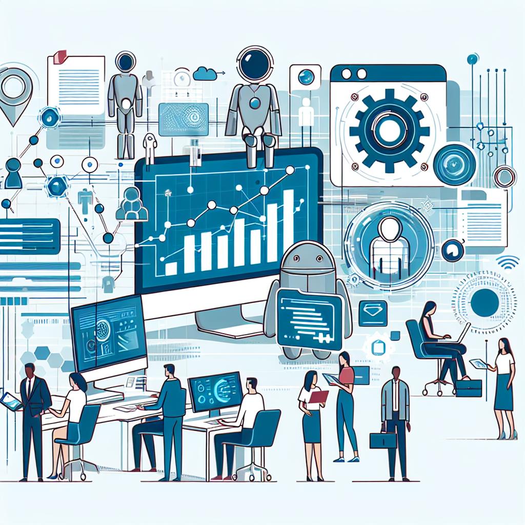 Illustration showcasing the futuristic interaction between humans and AI in a corporate environment, including elements such as computers and digital documents. There should be a digital graph that symbolizes data analysis and reasoning. The style is vector, flat, and corporate, set in a 2D linear perspective. The image is characterized by a clean, texture-less white background. Added elements should include a digital chart representing data analysis, a corporate setting showing the practical application of AI, digital documents symbolizing the transformation from physical to digital data, and humans of mixed gender and various descents interacting with technology illustrating the human role in AI.