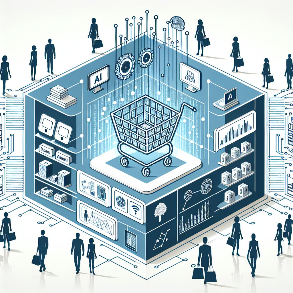 Design a 2D, linear perspective image with a flat, corporate vector style on a white and textureless background. The image should represent the integration of Artificial Intelligence (AI) in modern retail, illustrating the transforming business model and shopping experience in regions such as the UK and Ireland. The picture must depict elements of both physical and online stores, demonstrating automation and personalization of the customer experience. Additional elements to incorporate are silhouettes of consumers of various descents and genders to represent the customer experience, screens displaying real-time data analysis, intelligent shopping carts symbolizing shopping automation, and retail store shelves.