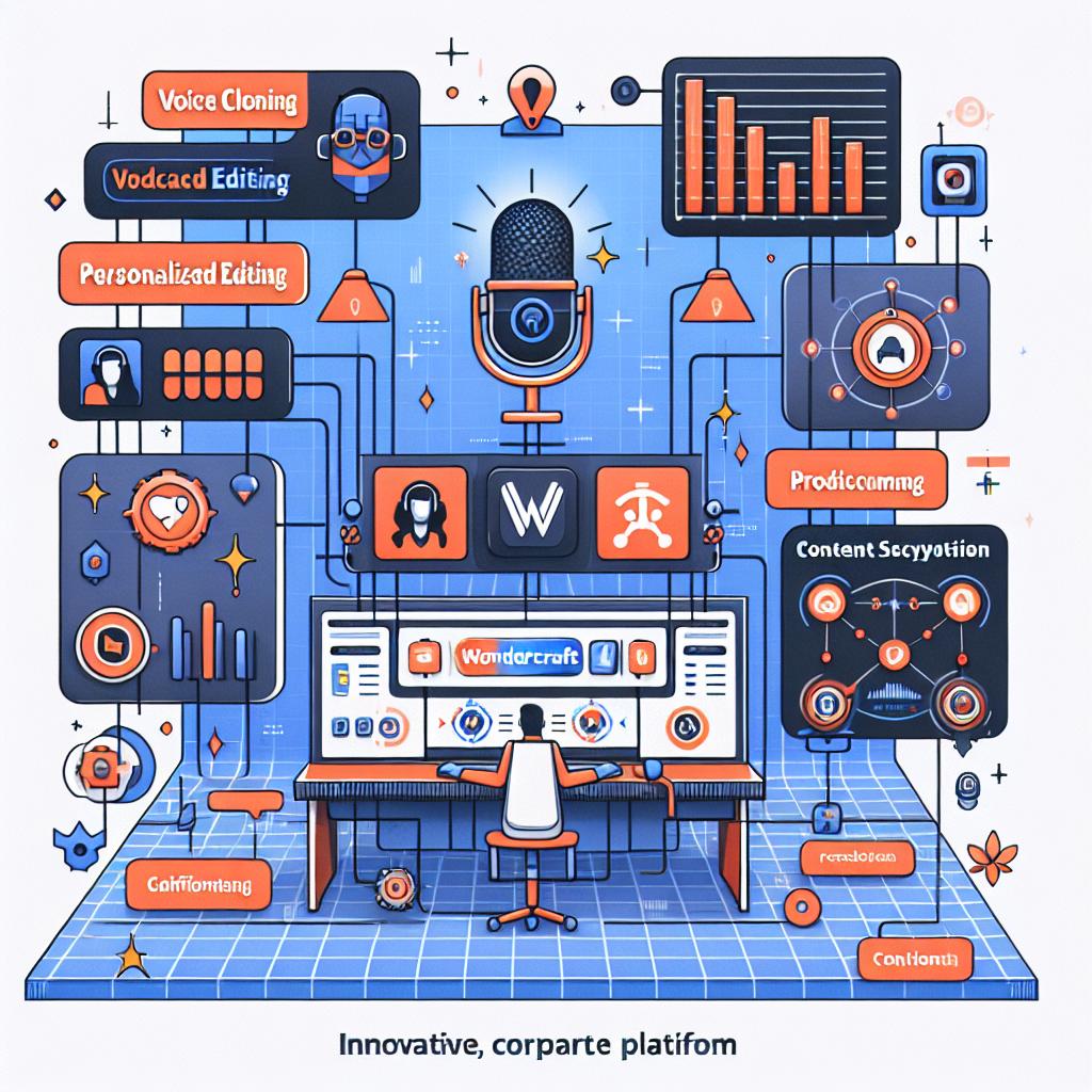 Illustrate a flat, corporate style, vector image in 2D, linear perspective. The primary element of the image should be the innovative new podcast editing platform interface by Wondercraft in partnership with ElevenLabs. The interface should highlight the voice cloning and personalized editing functionalities. Incorporated in the scene should also be real-time audio production graphs, icons indicating content security measures, and logos of the partner companies (represented abstractly without disclosing their identities) to exude credibility. The image is set against a texture-less, white background. Employ vibrant colors to convey an atmosphere of innovation and modernity.