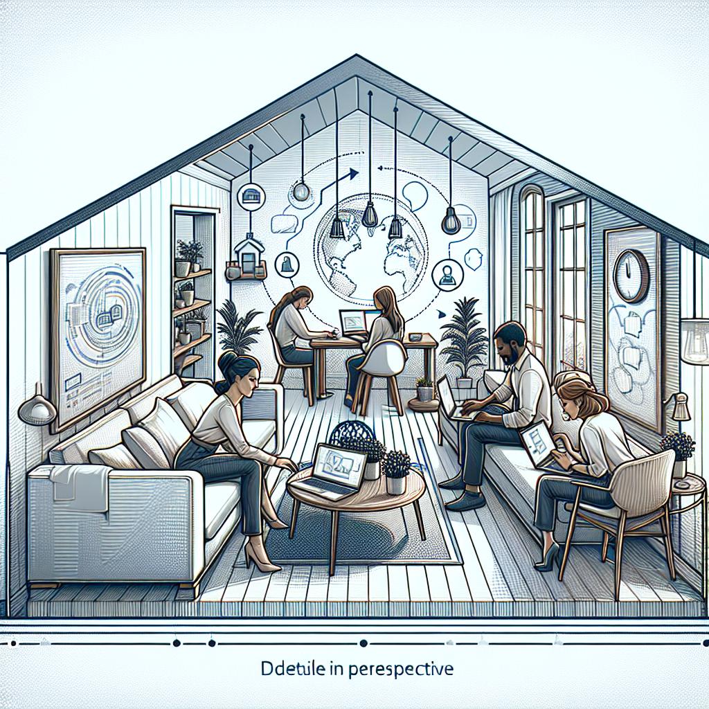 Create a detailed 2D, linear perspective image with a basic flat, corporate, and vector style. The scene takes place in a home environment on a textureless white background, representing the flexibility of remote work. Visualize diverse professionals, such as a Middle-Eastern woman and a Black man, working from home on their laptops. The laptops should be stylized to symbolize remote work. Moreover, integrate digital connections into the image to represent interactivity at work, which signifies the new era of remote work extended till 2025 as per the new study.