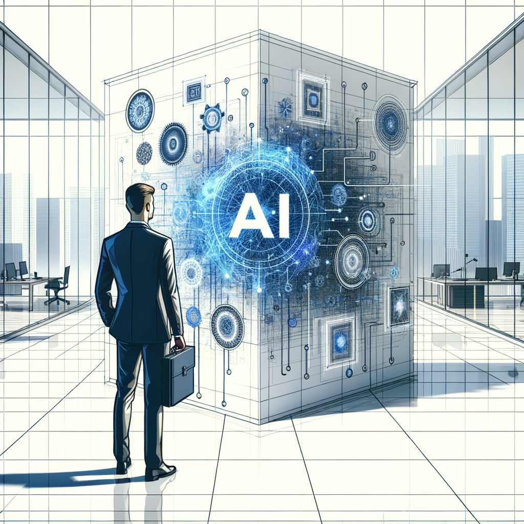 Generate an image displaying a tech-oriented scene with a male corporate figure standing amidst elements of generative AI. Highlight the company logo of a hypothetical firm called 'Stability AI'. Include visuals that symbolize neural networks or coding to provide a focus on Artificial Intelligence. Set the scene within a modern office space, signifying an innovative working environment. The color palette should emphasize shades of blue and white, conveying a sense of technology and innovation. The image style should in 2D, linear perspective, resembling a vector, flat, and corporate aesthetic. A plain white, and textureless background.