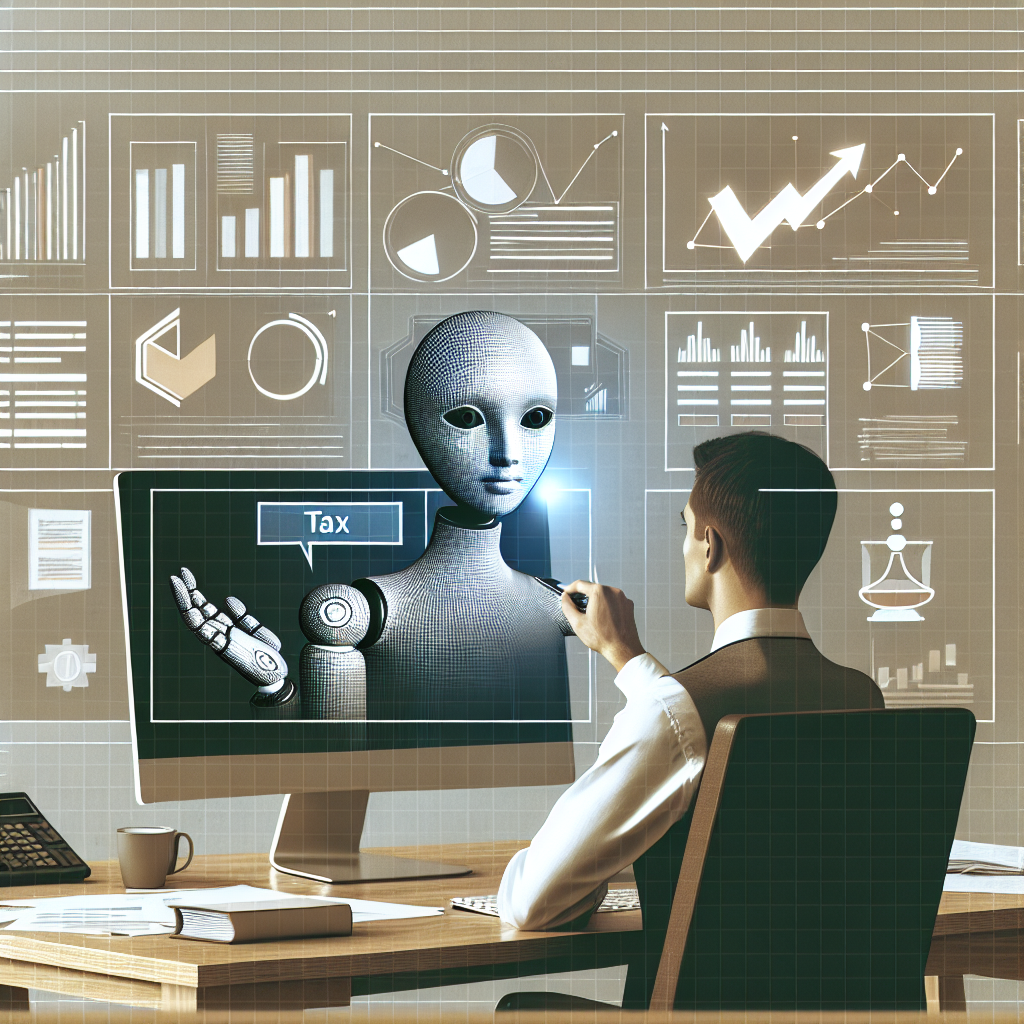 Create the concept of digital transformation in the tax sector. The image features a Caucasian tax professional sitting at a desk in an office environment. In front of the professional is a computer displaying various charts and tax data, evocative of advanced tax analysis. From the computer screen, a flat, vector-styled virtual assistant, symbolizing artificial intelligence, emerges. The interaction between the human professional and the AI assistant is symbolic of collaboration between humans and technology. The color palette is somber, underlining the seriousness and professionalism of the scene. Maintain a neat, 2D linear perspective with a white, texture-less background.