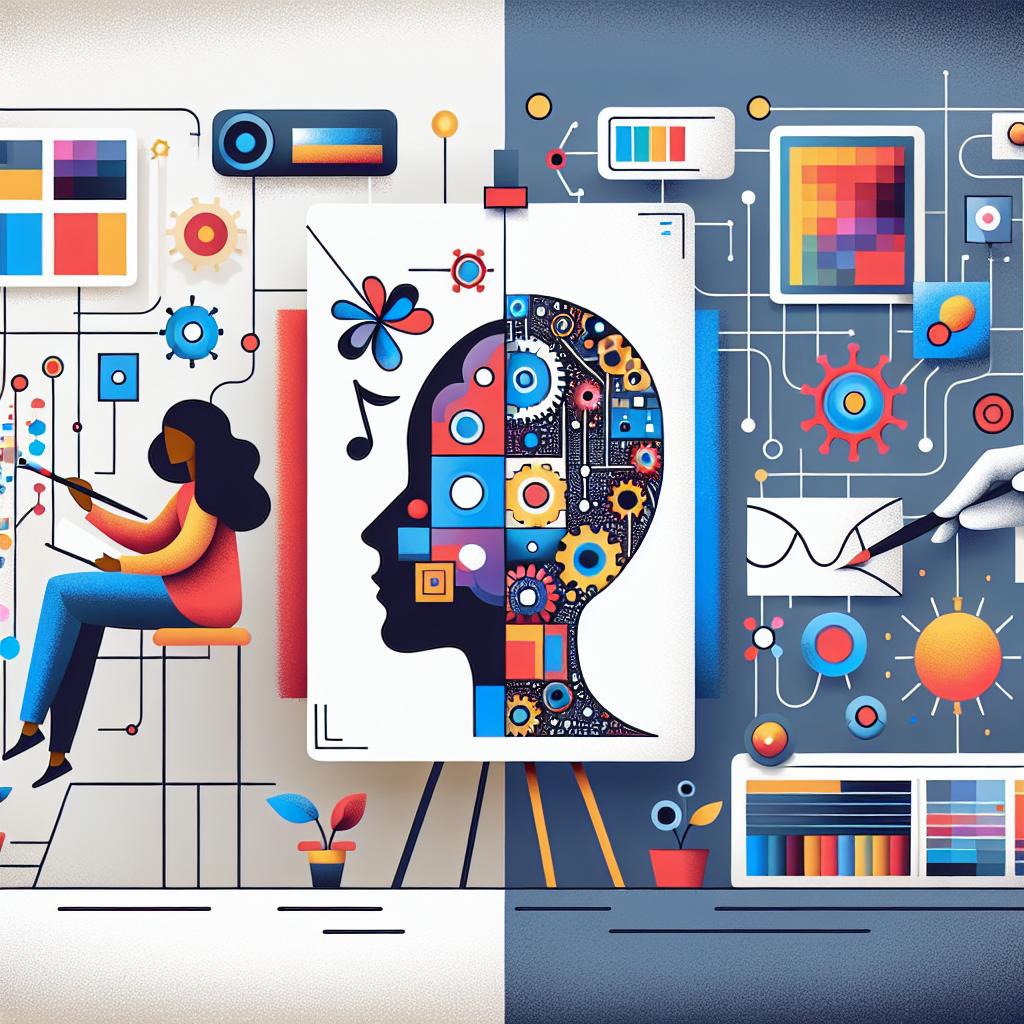 Create a 2D vector style, corporate flat image that represents the intersection of technology and art. The image should be divided into two sections. On one side, there's a human artist symbolizing human creativity, set in a modern, minimalistic setting with a white, texture-less background. They should be of Hispanic descent. On the other side, illustrate a vibrant and colourful interface of an artificial intelligence generating images, symbolizing technology facilitating creation. This should show generated artwork varying in shapes, colours, and sizes, demonstrating the diverse range of output that AI can produce.