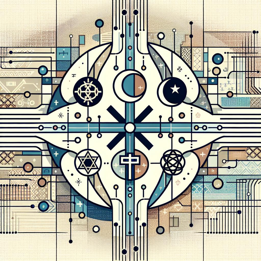 Illustrate a digital harmony, symbolizing religious tolerance in the context of AI technologies. Picture a 2D, vector-style image with a flat and corporate aesthetic, set against a white, textureless background. The key visual elements should include a variety of religious symbols, representing different faiths tied together by data circuits, which embody technology and connectivity. These symbols should be interconnected, portraying peaceful coexistence among religions woven into the fabric of technology. Utilize neutral colors throughout the image to transmit a sense of peace and harmony.