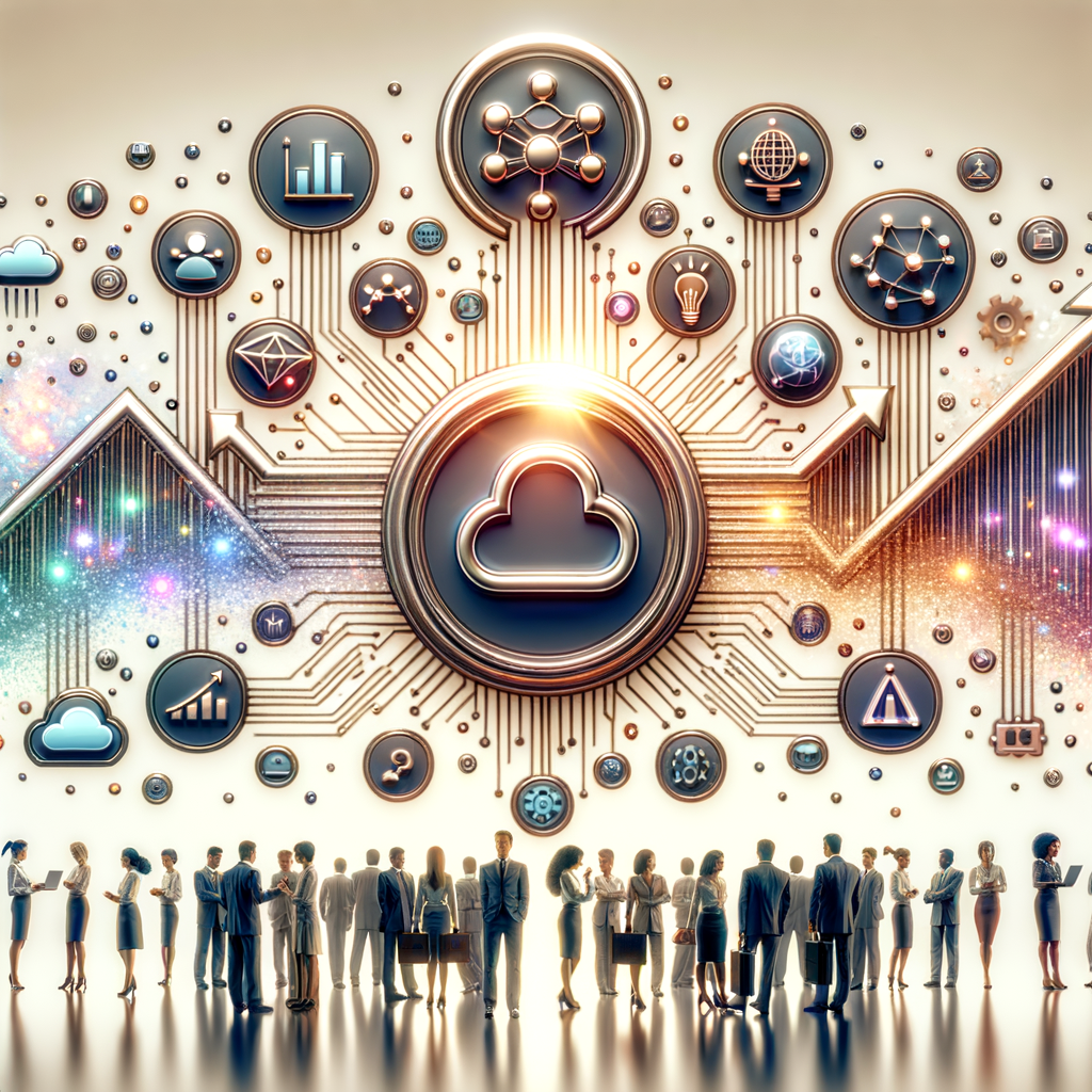 Imagine an image in a 2D, vector, flat and corporate style. At the core of this vision is the logo of an innovative, data-focused company, shining in the center. Arranged around the logo are icons representing artificial intelligence and data integration, symbolizing this company's new business direction. Behind these elements, a rising growth chart visually encapsulates the scalability and potential of their initiative. Depictions of business users, diverse in descent and gender, drawn interacting with this forward-thinking technology convey the broad range of companies that will benefit from the platform. Lastly, a cloud symbol hovers within the scene, signifying the platform's flexibility to operate workloads on either public or private clouds. All of this is set against a plain, white background.