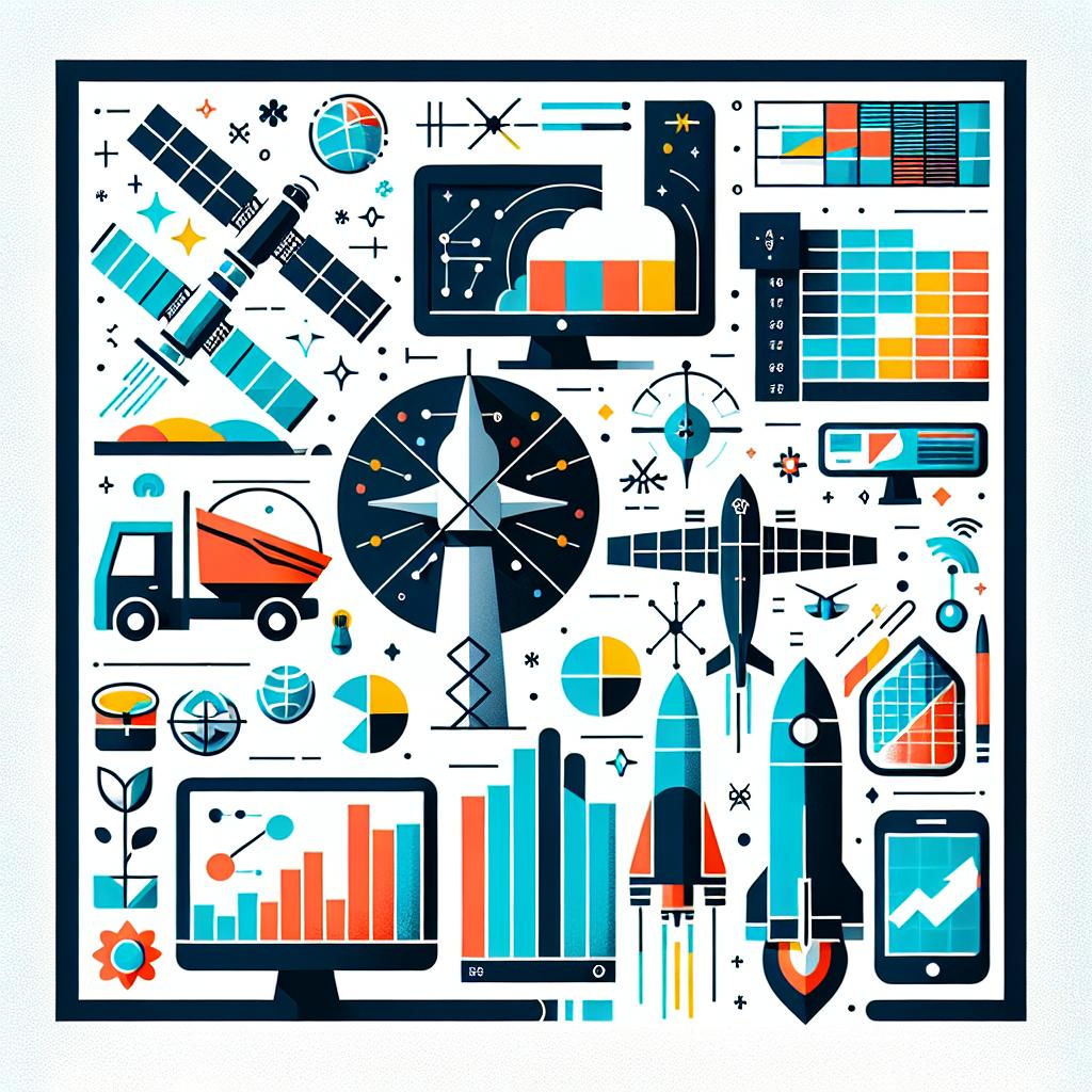 Please create a 2D flat, corporate-style, vector design on a plain white background. This image should be a collage showcasing technological innovations anticipated for 2025 in the environment, transportation, and agriculture sectors. The collage should include a satellite, representing environmental monitoring, an airplane, symbolizing accessibility in air transportation, a rocket, highlighting advances in space exploration, and data charts, illustrating real-time information analysis. These elements should be kept simple, bold, and clean, emblematic of the corporate, flat style.