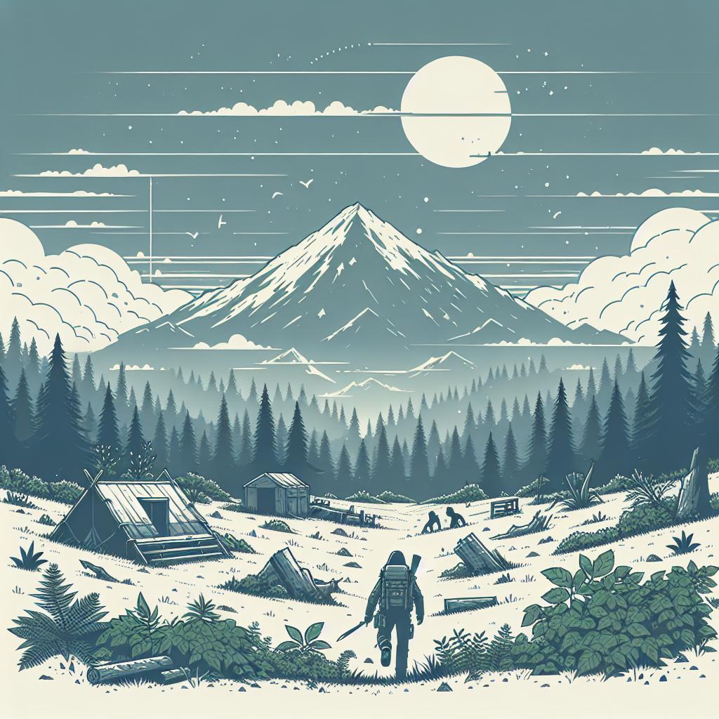 Create a 2D, flat, vector style landscape that reflects the open and dynamic world of the survival game, Prologue: Go Wayback. The background should be plain white, without textures. There should be an element of a natural landscape emphasizing the open-world nature of the game. Include survival elements like shelter and natural resources which can be used by the players to survive. Feature an adventurer (unspecified gender and descent) exploring the surroundings, symbolizing the freedom of action and discovery in the game. Infer an adverse weather condition to showcase the challenges the players will face in this open, hostile environment.