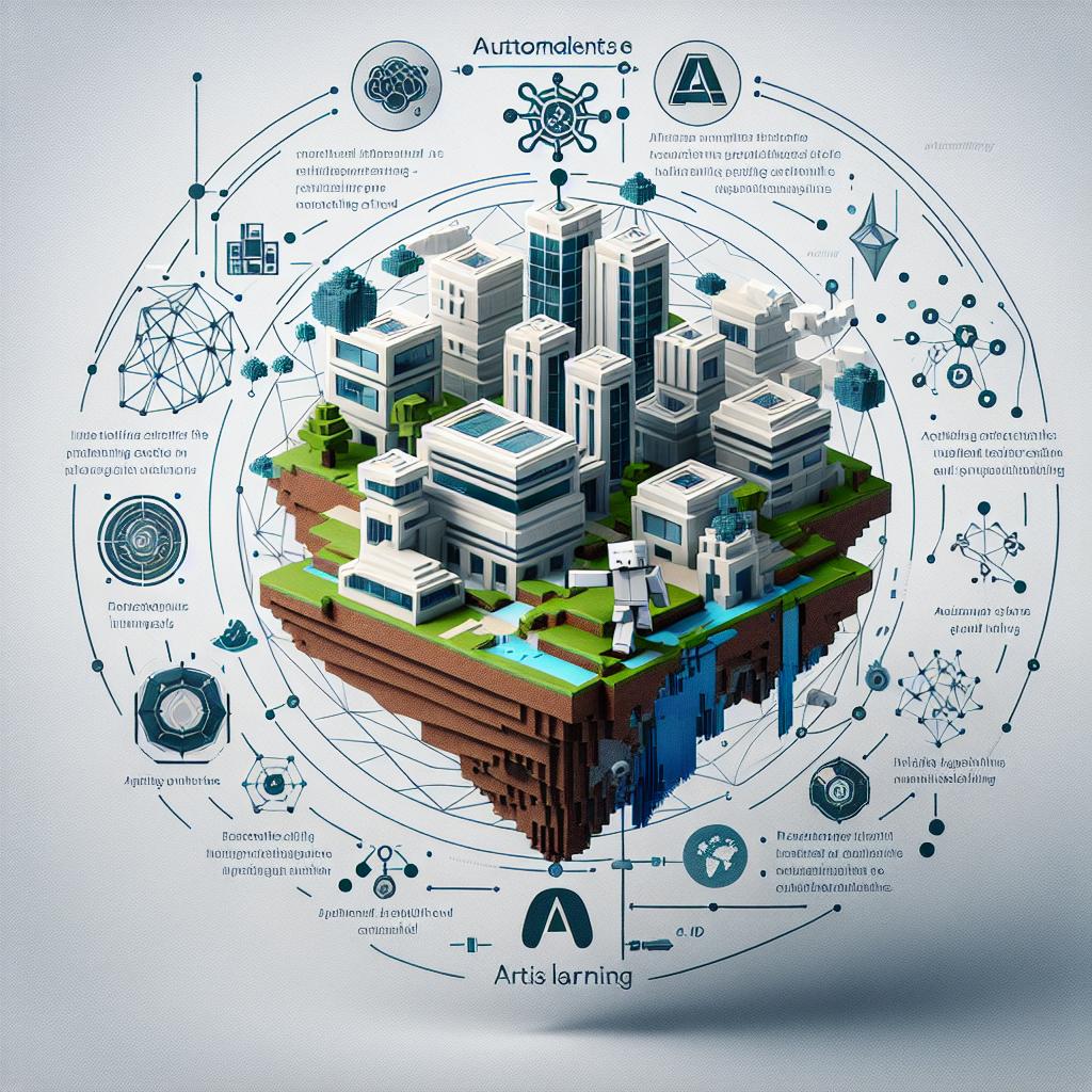 Visualize a 2D, corporate, flat design style image on a white, texture-less background. The subject of the image is an intelligent agent navigating a 3D world to represent autonomous learning within the game environment of Minecraft. This agent, representing the AIRIS system developed by ASI Alliance, interacts adaptively with elements around it, showcasing the technological infrastructure's capability for promoting autonomous and adaptive learning. To represent the complexity and innovation of AIRIS, include visualizations of AI graphics such as neural networks, decision trees, or abstract representations of machine learning algorithms.