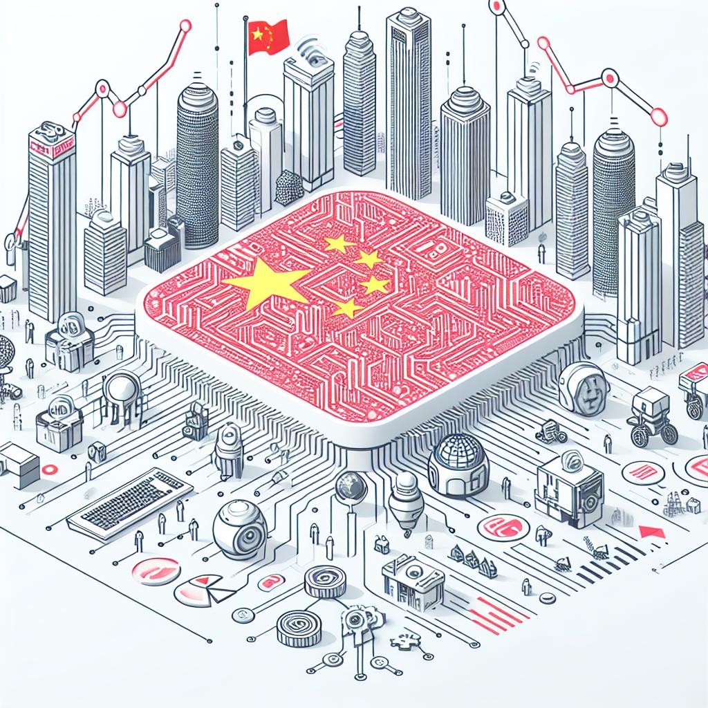 Create a technology-themed illustration in a 2D, linear, vector-style art. The image should focus on the emerging technology in China, including symbols of artificial intelligence and digital innovations against a white, untextured background. The artwork must portray a contemporary urban environment with technological elements prominent in the layout. Please feature symbols of AI, signifying Government's support, a modern urban setting to underline technological advancement, growth charts to represent investment surge, and the flag of China as a symbol of national backing.