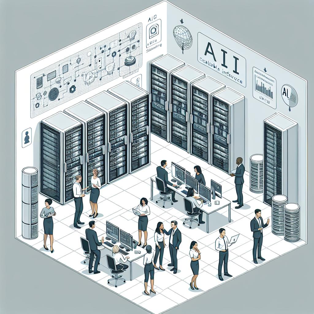 Create a 2D, linear perspective vector illustration in a corporate style to depict a modern data center filled with servers and equipment associated with AI technology. In this scalable AI infrastructure setting, include diverse individuals of different descents (i.e., Hispanic man, White woman, Asian man, Black woman) discussing, symbolizing collaboration in technology. Feature a real-time data screen, illustrating the analysis and use of AI. Set these scenes in a modern and clean-looking environment, emphasizing innovation and efficiency. The background should be white and texture-less.