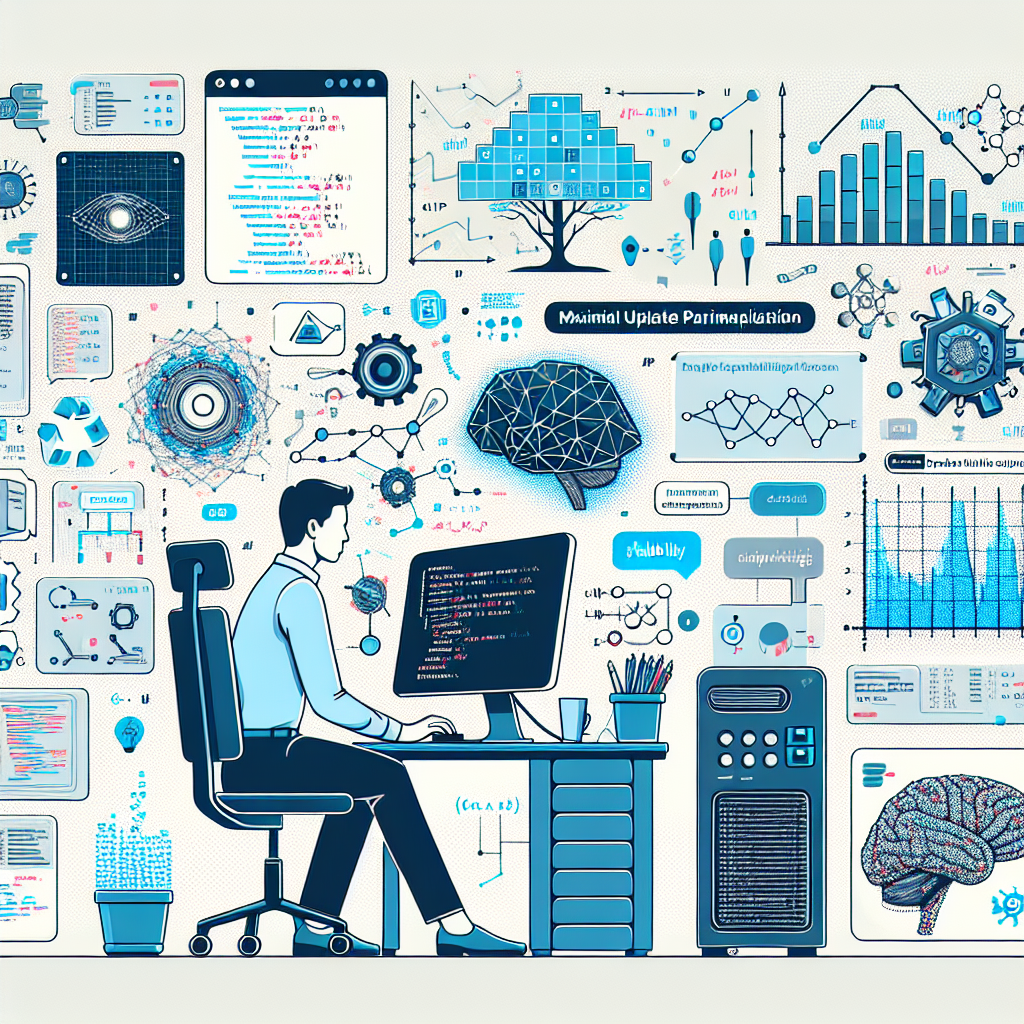 Generate a 2D, vectorial and corporate-style image set on a white, untextured background. The illustration should show a Data Scientist of South Asian descent working on a computer amidst performance graphs and diagrams related to Maximal Update Parametrization (µP). The background should include elements symbolizing neural networks and machine learning, like circuits and flowing data. Additional elements such as programming codes showing practical implementation of µP, colors like blue and green symbolizing stability and efficiency, digital elements like circuits emphasizing the technology theme, and a whiteboard in the background filled with mathematical formulas highlighting the complexity the guide aims to simplify, should be included.