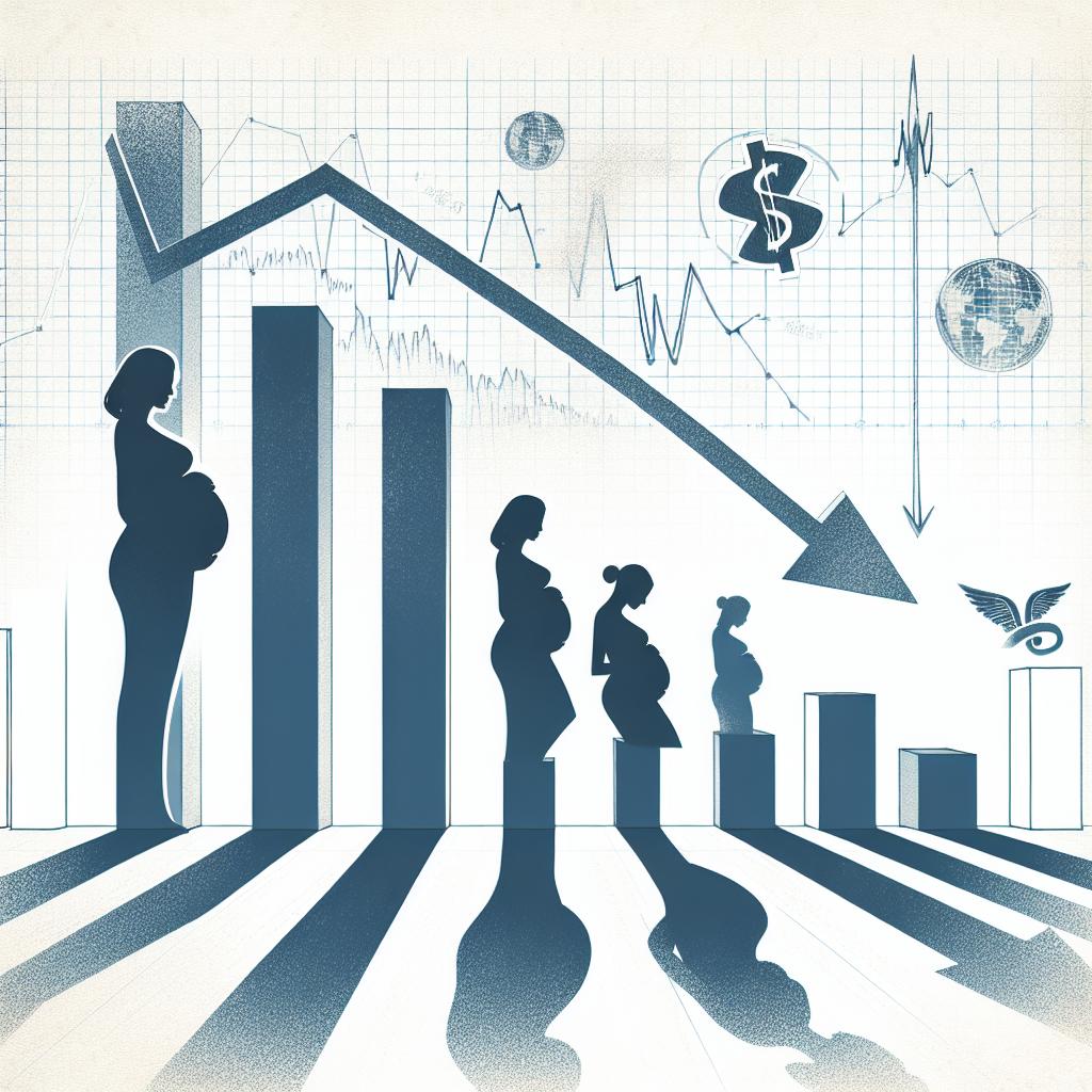 Create a conceptual illustration on a white, untextured background. The image represents the harsh reality of pregnant women facing the uncertainty of US aid cuts. It should be in a 2D, Linear perspective and with a Vector, Flat, and Corporate aesthetic. The prominent elements should be declining charts, a health symbol, and silhouettes of pregnant women. The falling charts indicate decreasing funding and increasing risks. The health symbol signifies the jeopardized care, and the silhouettes of expectant mothers symbolize the lives impacted by these policies.