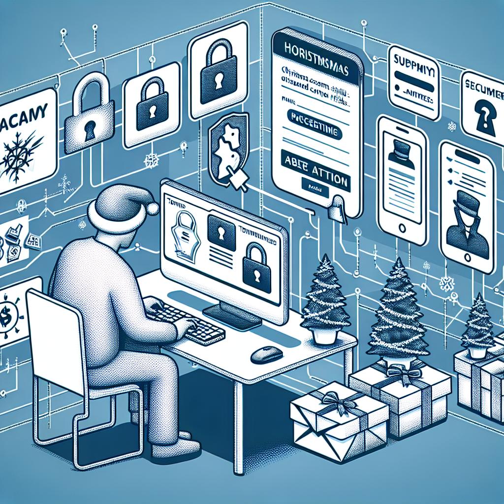 Envision a flat, corporate styled vector image, suited for representation of the increased Christmas scams with the use of AI, as per a white, texture-less background. The image depicts a consumer using a computer for online shopping, in a clear 2D, linear perspective. Various elements mapping out the digital security risks and tempters like broken padlocks symbolizing the vulnerability to scams, alert signage indicating attention is necessary while making purchases, intermingled with lists of prices and enticing holiday deals.