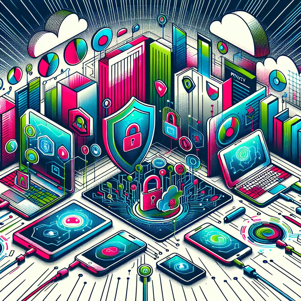 Illustrate a corporate-style, futuristic image in a 2D, linear perspective. On a plain white and textureless background, depict vibrantly colored devices such as smartphones and laptops signifying the integration of local AI. The devices are surrounded by symbols embodying privacy, emphasizing the security of data. The futuristically styled background accentuates the technological innovation at hand. The elements should be designed in a flat vector style. The colors used should radiate the high-energy potential of new technologies.