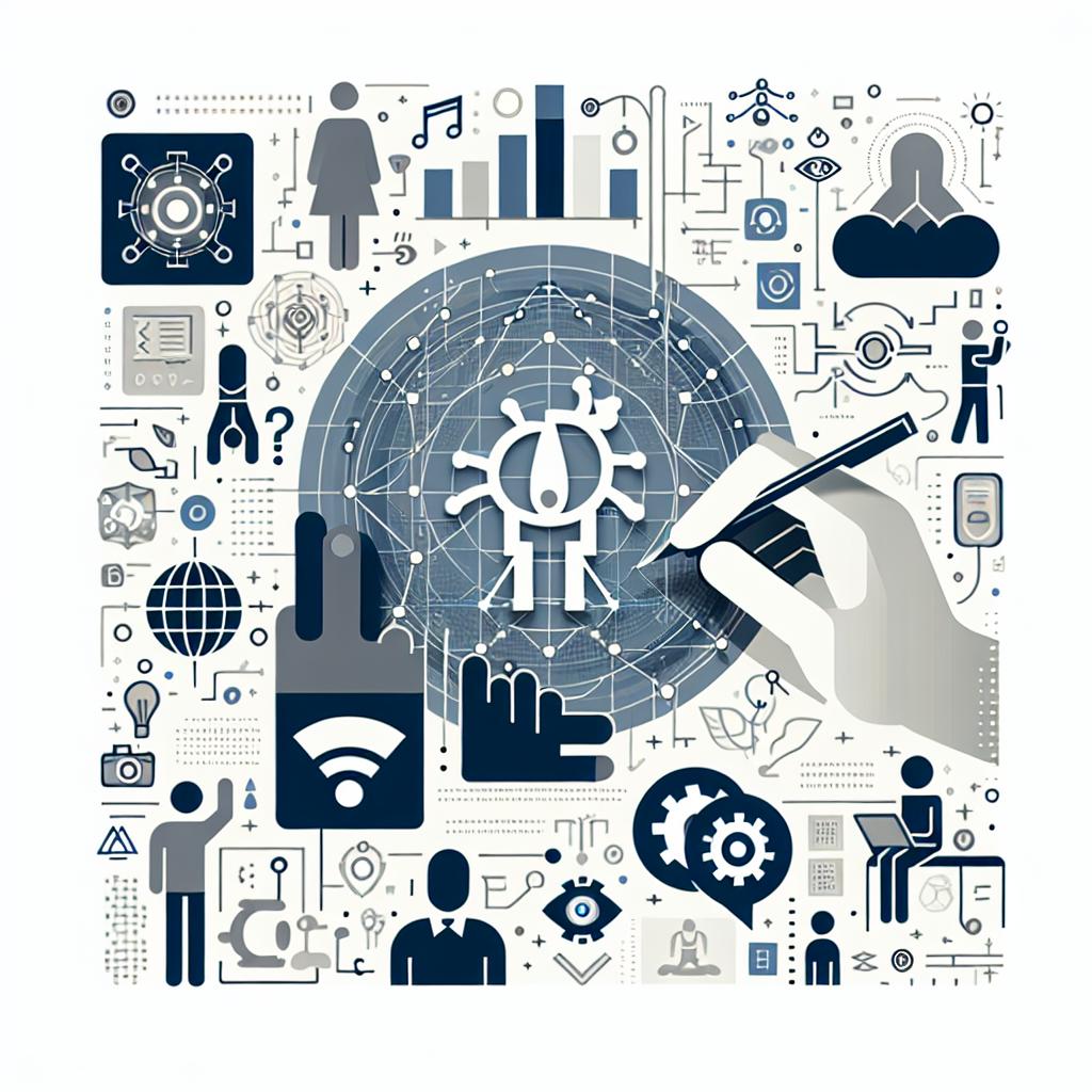 Create an image that portrays the interaction between humans and artificial intelligence, emphasizing symbols that represent glyphs in a collaborative context, symbolizing the dynamic of the new proposed approach. The art style should be vectorial, in 2D linear perspective, with a flat and corporate feel, set against a white and textureless background. Additional elements include glyphs which signify the new form of engagement between humans and AI, a digital environment symbolizing the technological setting, and elements showing the collaboration, illustrating the union between humans and machines.