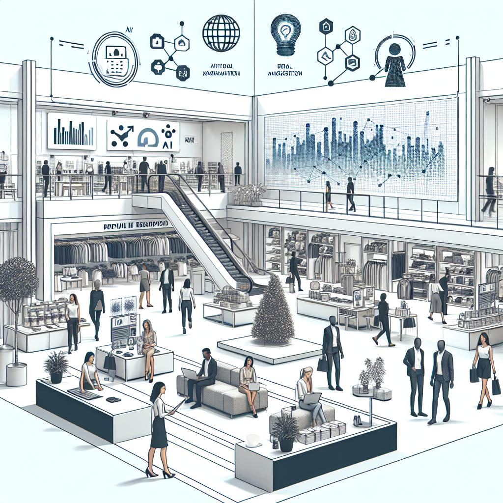 Create an image in a corporate, flat style with a white and textureless background demonstrating the future of retail with AI during the NRF Big Show 2025 in New York. Render a 2D, linear perspective view of a modernized retail store with consumers of various descents and genders actively engaging with digital assistants while shopping. Include additional elements like virtual assistants symbolizing customization in retail, a contemporary store ambiance showing technology integration, and data graphs representing analysis and process optimization. All depicted in a vector format.