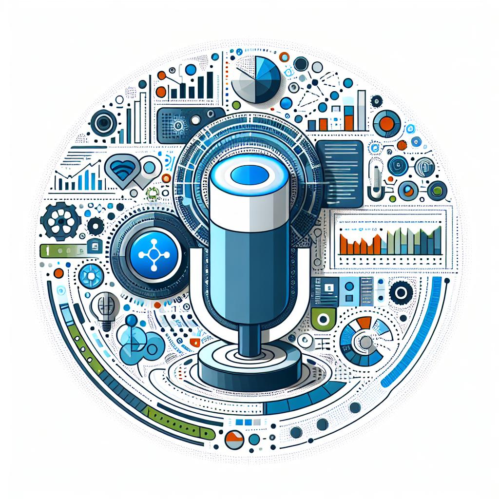 Depict a corporate-style 2D, flat vectorial image on a white, texture-less background, symbolizing a collaboration between two companies. Elements of the image should project the theme of technology, innovation, and digital communication. Incorporate an Artificial Intelligence icon to represent the new technology being adopted, and an Alexa-like gadget to represent the product in focus. Include visual elements that imply data generation to underscore the core aspect of this new technology. Use a color palette featuring shades of blue and green to convey a sense of advanced technology and innovation.