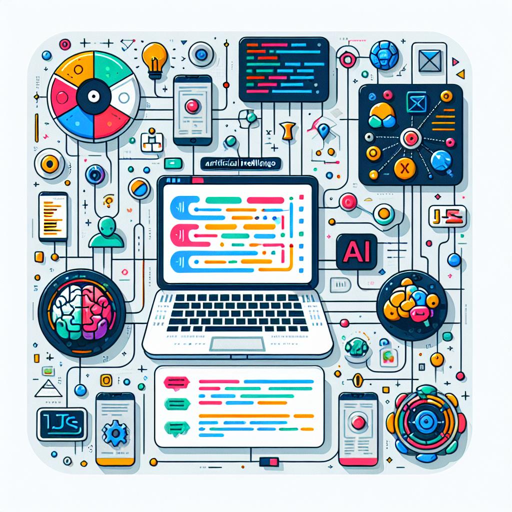Create a flat, corporate style, and vector-based illustration set in a 2D linear perspective. Set against a white, textureless background, this image presents a digital workspace where artificial intelligence agents operate on a JavaScript interface. The key features include colorful and vibrant elements symbolizing innovation and technology, graphical elements of coding illustrating JavaScript development, AI icons such as robots or brains indicating artificial intelligence, and connections between devices representing integration and communication. These aspects come together to convey the essence of KaibanJS, a tool challenging Python's dominance in AI application development.
