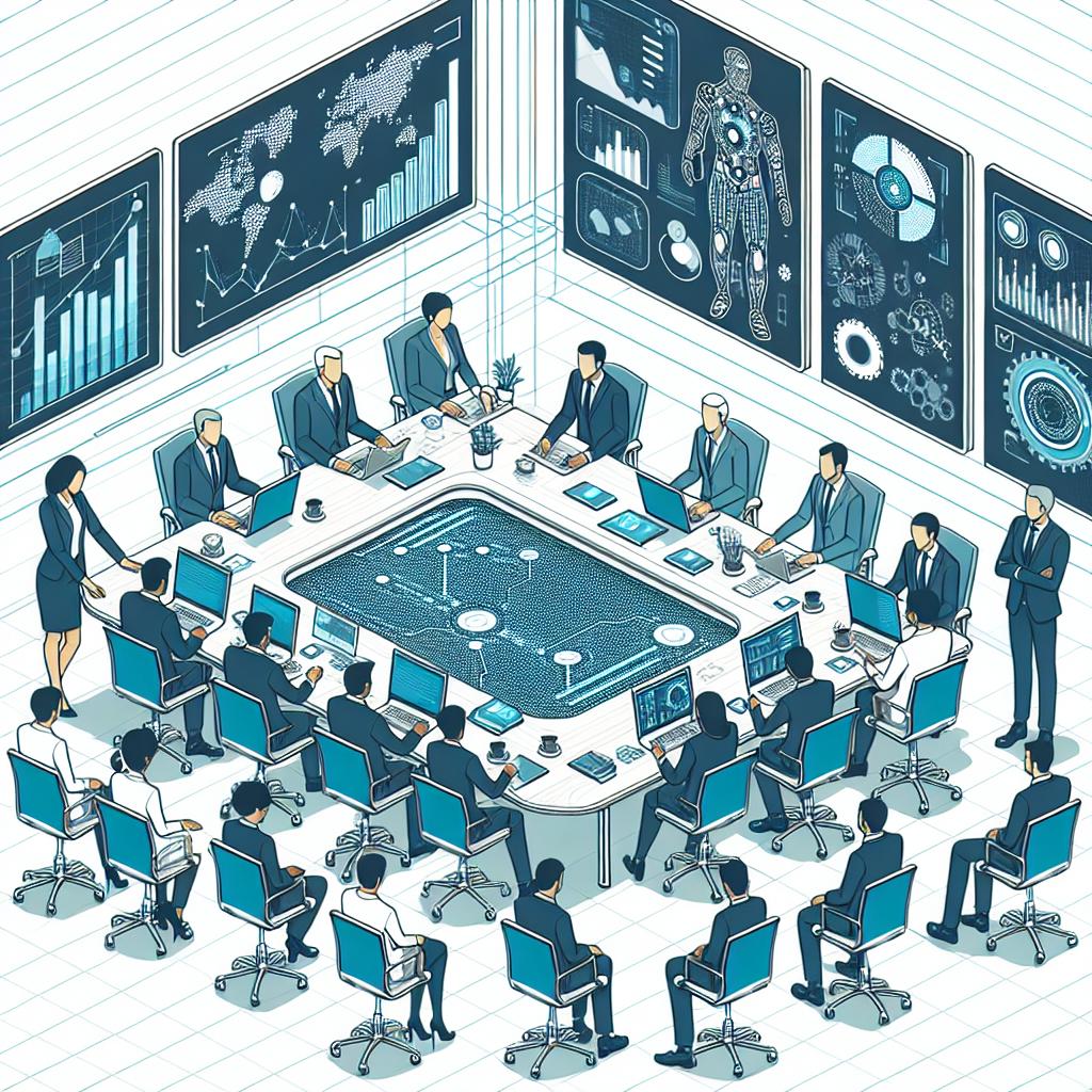 Create a 2D, flat, and corporate-style image with a linear perspective, similar to vector graphic designs. The image should depict a business meeting set in a modern environment, suggesting innovation and technological advancement. The primary figures should consist of executives of varying descents, such as Caucasian, African, Middle-Eastern, and East Asian, who are all gathered around a conference table, symbolizing corporate strategizing and collaboration. They are engaged in a discussion about the implementation of artificial intelligence. Adding to the scene, computers should be present on the table, symbolizing the integration of technology in a workspace. Make sure to include a screen in the background, populated with charts and diagrams, illustrating data analysis and performance. Set all these elements against a white and textureless background.
