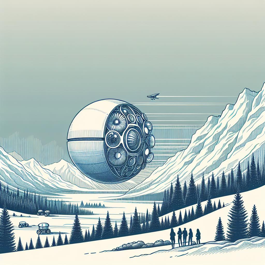 Draw a 2D linear illustration in a flat and corporate style inspired by the 19th century engineering art. The image should depict a bio-inspired robot designed by researchers adapting to various landscapes. It is in the shape of a sphere and reflects the innovation in modern robotics. Set the scenery in a stunning mountain range, emphasizing the robot's adaptability to various terrains. Imagine the robot in motion to illustrate its versatility and functionality. Include a group of people observing this phenomenon, denoting society's interest in the technology. Let the background be white and textureless, showcasing the simplicity and elegance of the corporate world.
