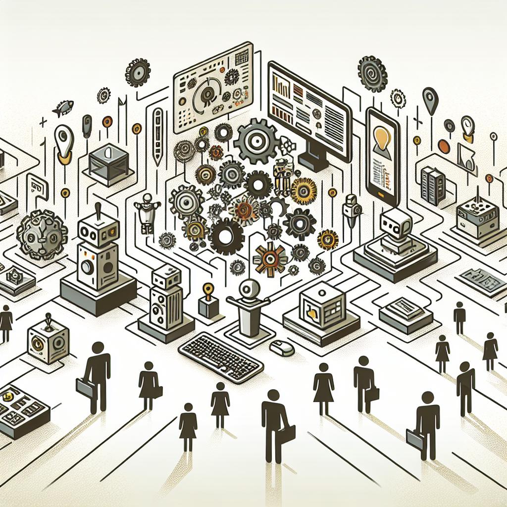 Imagine a digital montage in a flat, corporative vectorial style that showcases the synergy between robots, artificial intelligence icons, and bite-sized human figures. The image is set on a neutral, textureless white background and adopts a 2D, linear perspective. The robots are the primary focus, symbolizing automation and artificial intelligence. Gear icons are scattered around, symbolizing process efficiency. Some human figures are included, though smaller, depicting accessibility and human interaction with technology. The central element is a computer, representing the hub of technological innovations.