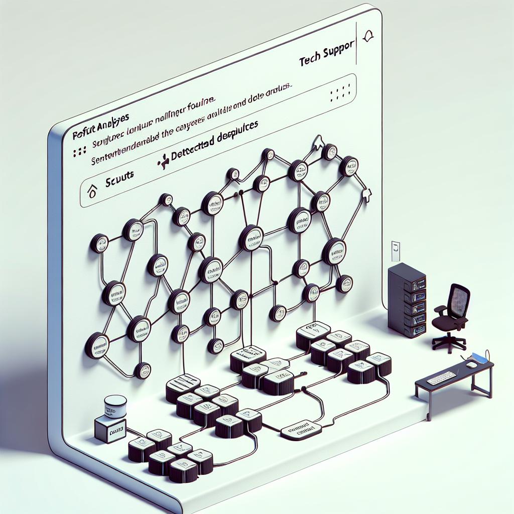 An image in a vector-based, flat, corporate style set against a non-textured, white background. The centerpiece of the image is a complex chain of interconnected nodes, representing large language model (LLM) chains. Arrows indicate the flow of data between these nodes. A results table stands nearby, designed to display the analyses and detected faults, symbolizing the function of the SCIPE tool developed by researchers from an anonymous California University. To emphasize the assistance available to developers, an image of tech support is also included in the scene. This composition is presented in a simplified, linear 2D perspective to convey the interaction between nodes and how the SCIPE identifies failures.