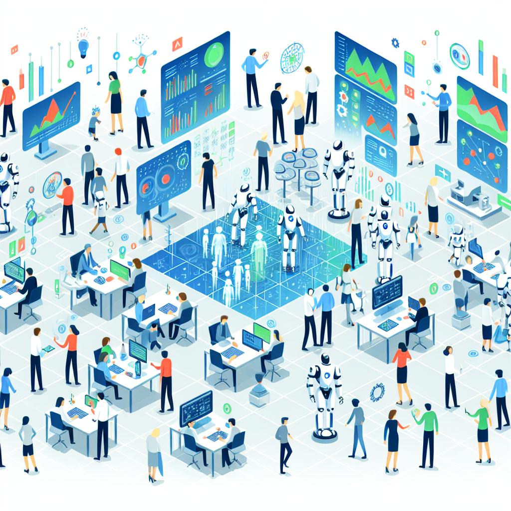 Create a flat corporate vector-style image set in perspective 2D, Linear. Set the scene in a futuristic modern working environment in 2025 where semi or fully autonomous AI agents use advanced language models for decision-making and complex tasks. Depict numerous AI agents interacting with diverse humans and tools to illustrate collaboration between technology and users. Elements should include robots, screens with charts and data to symbolize data analysis, humans of varying descents and genders using technology devices. Use a white and texture-less background with futuristic colors such as blue and green to convey innovation.