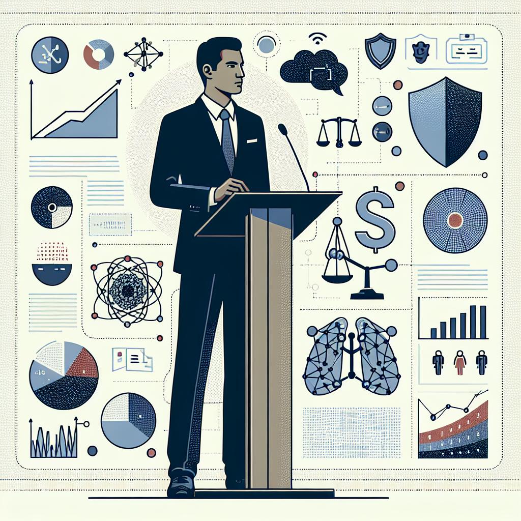 A corporate, flat vector-style, 2D linear perspective image. The central figure is a South Asian man delivering a lecture on Machine Learning applications. He is elegantly dressed, conveying professionalism and seriousness. The background is a textureless white with additional elements to illustrate his lecture's theme. Data charts, graphs, and number arrays creatively arranged, symbolizing the complex analytics involved in machine learning. Ethical icons, perhaps scales or a shield, subtly incorporated, signifying the importance of responsibility when utilizing this technology. Despite the digital theme, the scene retains a human touch, grounded in reality and practical implications.