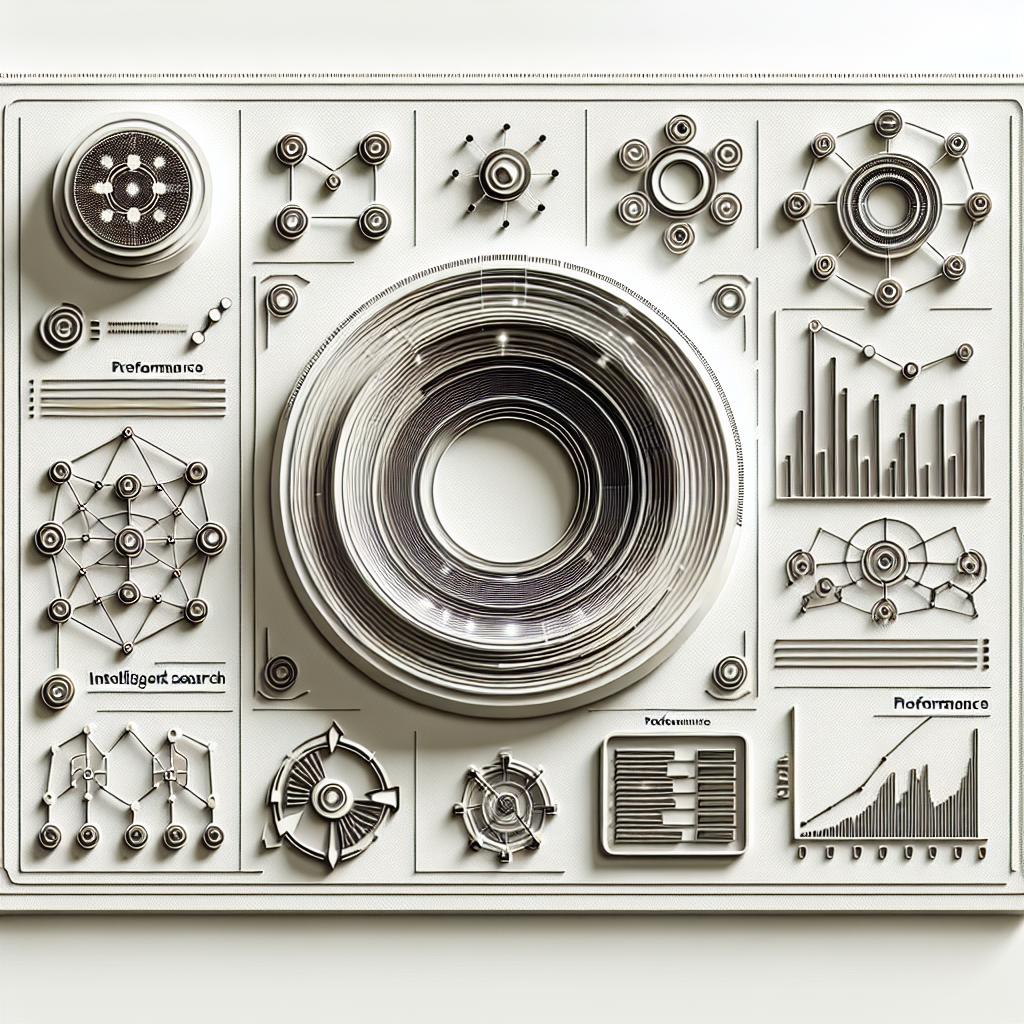 Create a 2D, vector-style, corporate image on a plain white, textureless background. In the image, depict symbols that represent intelligent search, such as networked nodes or robots analyzing data. Include performance graphs displaying the superior results achieved by the new methods, symbolizing efficiency in real-time information retrieval. The design should have a modern, technological background that invokes innovation. This image symbolizes the integration of dense and sparse search methods in AI, demonstrating how new features bring innovation and efficiency to data retrieval.