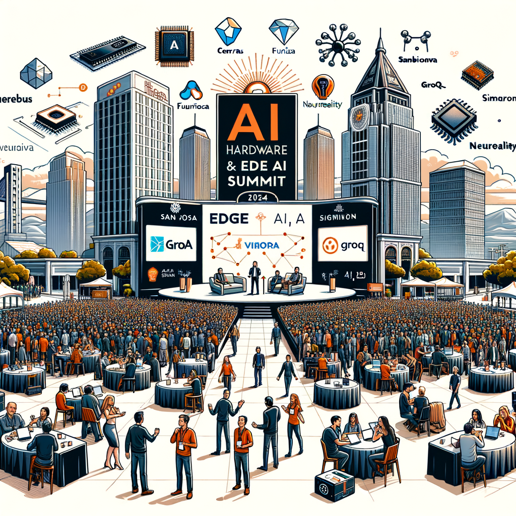 Imagine a scene capturing the spirit of the AI Hardware and Edge AI Summit 2024. Set in the city of San Jose, California. Over 1,300 participants gathered to explore cutting-edge advancements in AI hardware. The main stage for the summit is teeming with activity, with logos of leading companies such as Cerebras, Furiosa, SambaNova, Groq, NeuReality, and Etched prominently displayed. Illustrations of chips and GPUs symbolize the technology being discussed. Diverse groups of people are strategically interacting, representing networking and collaboration at the event. Also include the visualization of the Signia Hilton Hotel, signifying the event venue. The style of the image should be 2D and linear, with a corporate and flat design, and set against a plain, white background.