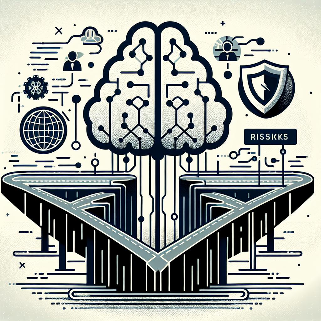 A symbolic 2D flat vector image that represents the risks and opportunities of artificial intelligence. The illustration features the following elements set against a white, texture-less background: a digital brain symbolizing artificial intelligence; a broken bridge signifying risks in regulations; a connected globe illustrating the globalization of technologies; and a shield denoting the need for protection against abuses. The style is corporate and uses clear, bold shapes to emphasize the duality between technological advancement and security. The entirety depicted in a linear perspective.