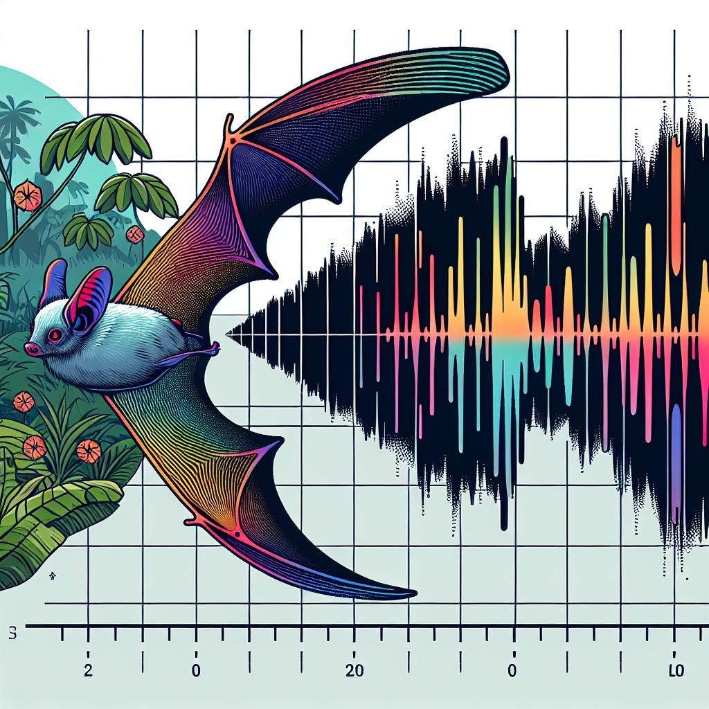 Create an image using a 2D, linear style perspective with a plain white background. The image should be in a corporate, flat vector style and incorporate vibrant colors. The main focus of the image is a bat symbolizing the research on echolocation, surrounded by colorful, visible sound waves to represent the reception of sound through the Flutter Real-Time Imaging Sonar (FL-RTIS). This should be contrasted against a backdrop of a tropical forest, indicating the field experiments being carried out, and amalgamating the connection between nature and technology.