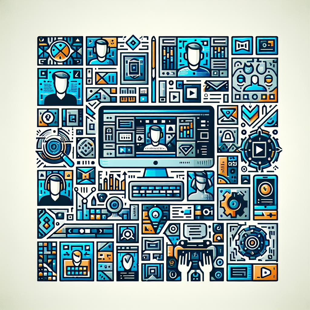 Create a vector styled, flat, corporate 2D graphic illustration on a non-textured white backdrop. The image depicts a montage of screens from various AI-powered video editing platforms each highlighting their user-friendly interfaces and unique avatars. Interlaced within the montage, are modern-looking icons symbolizing the advanced technology used in these platforms. A modern color palette primarily using shades of blue and green should be used, invoking a sense of innovation and modernity.