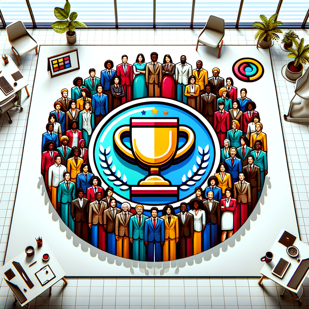 Create a 2D flat, corporate style image in vibrant colors on a texture-less white background. At the center, place a non-descript logo symbolizing a hypothetical company. Surround the logo with a diverse group of individuals signifying diversity and inclusion, each person distinct and unique. For ethnicity, show a balanced mix of Caucasian, Hispanic, Black, Middle-Eastern, and South Asian individuals of both genders. Include a trophy or medal to symbolize the nomination for a award, perhaps resting on a pedestal next to the logo. The background should depict a modern office setting, hinting at the corporate environment. This image aims to celebrate the company's commitment to diversity, equity, and inclusion.