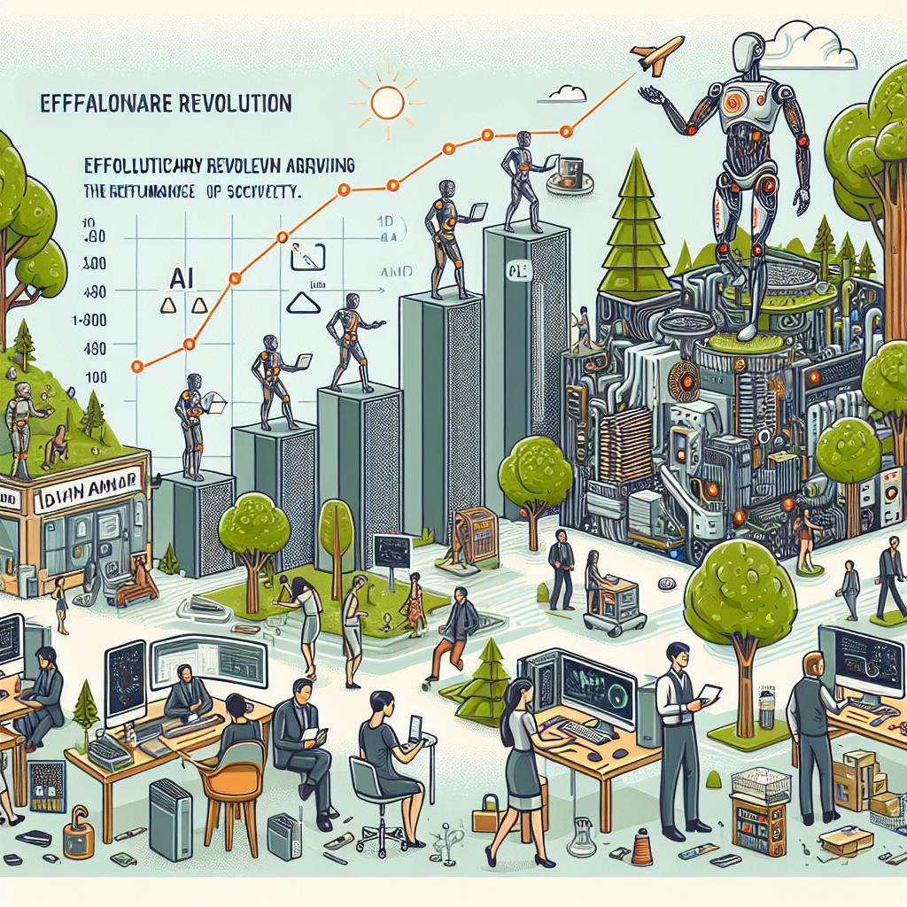 Create an illustrative image in a 2D, linear perspective, with a style mimicking vector art. The setting of the image is a natural environment, depicting various models of AI interacting harmoniously and efficiently with humans of different genders, descent, and ages. These humans are shown leveraging the technology in every-day life situations, symbolizing the seamless integration of AI into society. Interspersed throughout the scene, there are signs of technological hardware components, subtly reminding viewers of the hardware revolution in AI. Sprinkled into the composition, there are also efficiency graphs comparing the old and new models of AI, subtly highlighting the revolutionary leap in performance. The background should be kept clean and without texture, following the principle of corporate design.