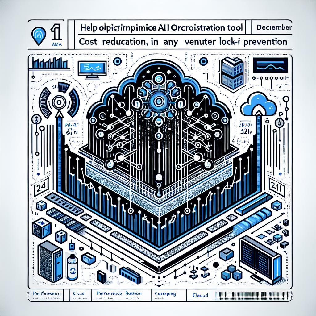Create a 2D, vector-style image from a linear perspective that represents the new AI orchestration tool announced by a tech company on December 3, 2024. The tool is designed to help optimize AI workloads in any computing environment, promising cost reduction and vendor lock-in prevention. The image should have a clean, white, and texture-less background. For additional elements, use the colors blue and grey that stand for technology and innovation, performance graphs that demonstrate the tool's efficiency, and cloud and server icons that symbolize the various compatible infrastructures.