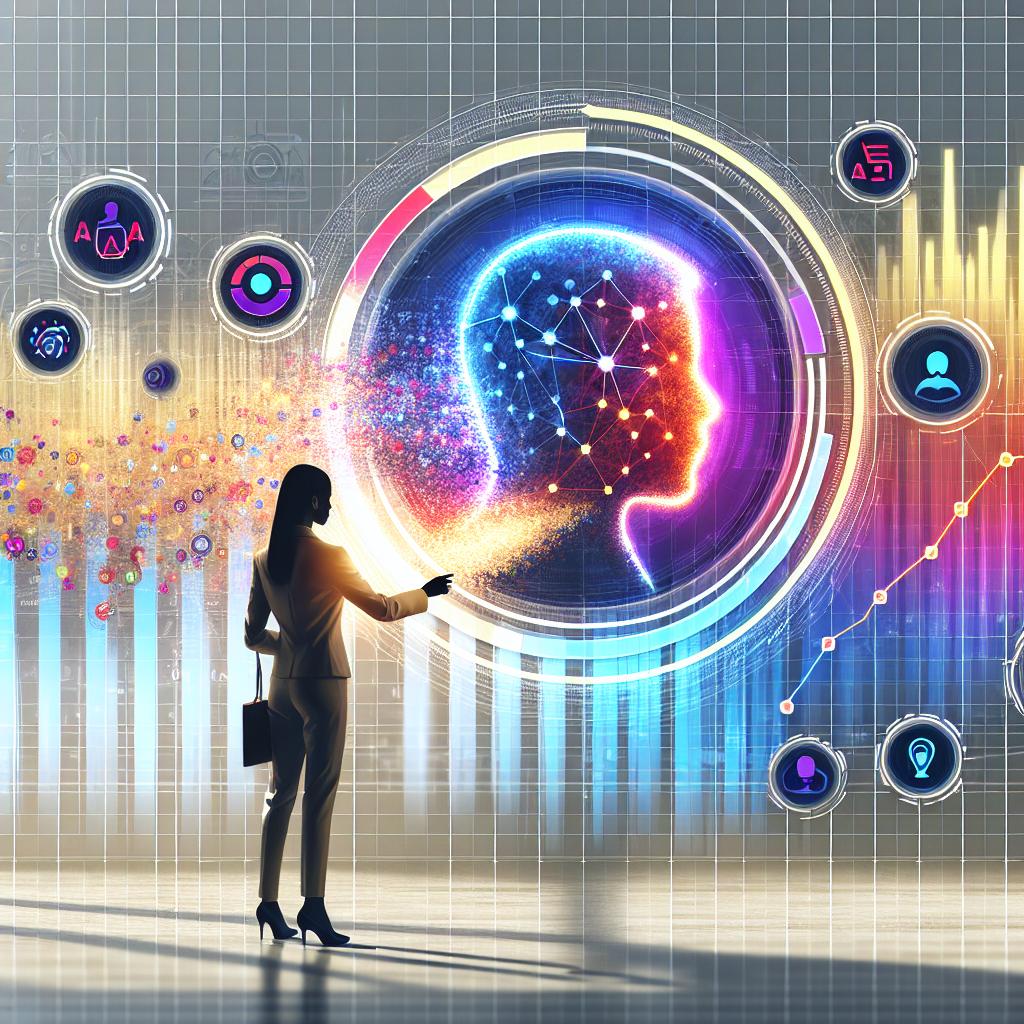 Create a vibrant, corporate style, flat vector 2D image showing a salesperson, of unspecified descent and gender, in a modern setting interacting with AI graphs on a digital display. The image is set against a plain white, texture-less background. Add moving graphs showing the improvement in sales rates due to the use of AI. Include a silhouette of a customer representing the importance of personalization. Use bright colors to symbolize innovation and technology. Add elements of data to highlight data-based analysis. This image illustrates the fusion of Artificial Intelligence and sales in the new digital era.