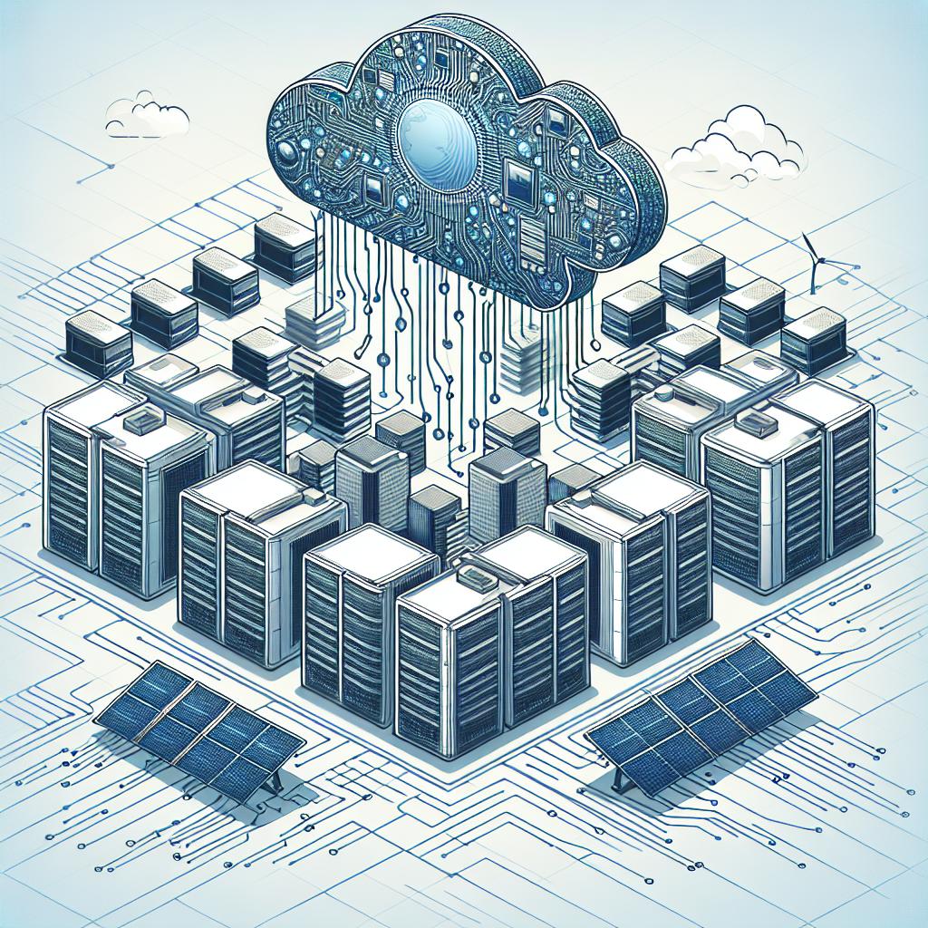 Create an image in a 2D, linear perspective, styled as a business-style vector illustration. The scene is set on a white, textureless background. In the foreground, there are solar panels, symbolizing renewable energy sources. Behind them, large data centers can be seen, illustrating the technological context of the image. Above, the sky is clear, representing sustainability and the future. Intertwining with these elements, show electronic circuits, symbolizing advanced technology. These elements together should visualize the idea of collaboration between artificial intelligence and solar energy.