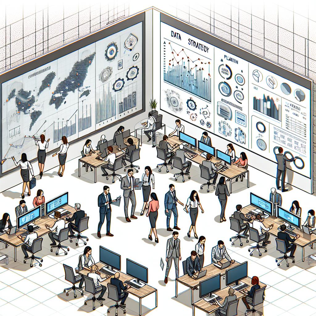 Create a 2D, linear perspective vector image of a modern office environment. There are people of different descents such as, but not limited to, Caucasian, Hispanic, and Middle Eastern, and of different genders working and interacting with digital screens that display data graphs symbolising the integration of technology in the workplace and the analysis of information for decision making. In the background, there is a white board with notes about data strategies, signifying planning and strategy. The whole scene embodies a corporate style against a white, textureless backdrop, reflecting current trends in the workplace.